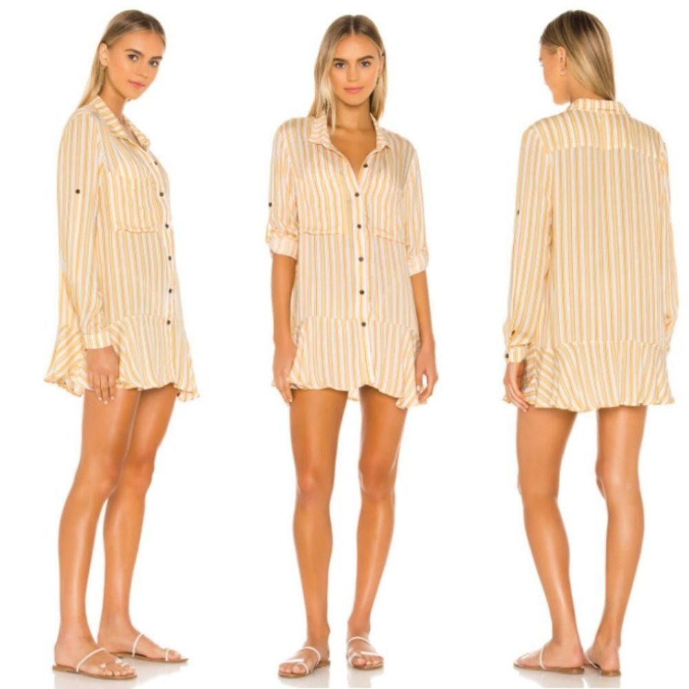 Agua Bendita Revolve Striped Shirt Dress Yellow Size Small Long Sleeve Bohemian‎